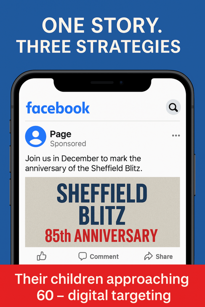 "Graphic of a Facebook post promoting Sheffield Blitz 85th Anniversary, representing nostalgic and community-focused content for middle-aged audiences.