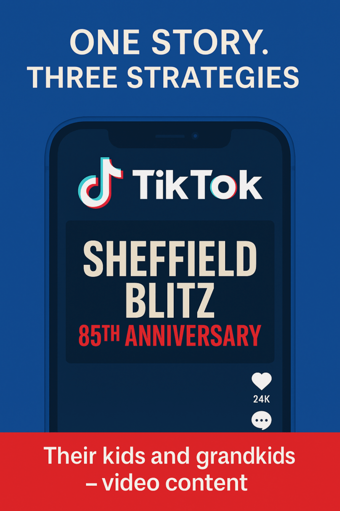 Graphic of TikTok interface on a smartphone promoting Sheffield Blitz 85th Anniversary, designed to engage younger audiences with short-form video."