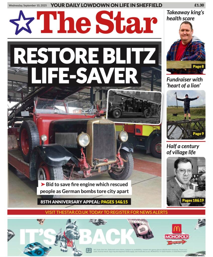 The Star front page highlighting the Sheffield Blitz fire engine restoration campaign.